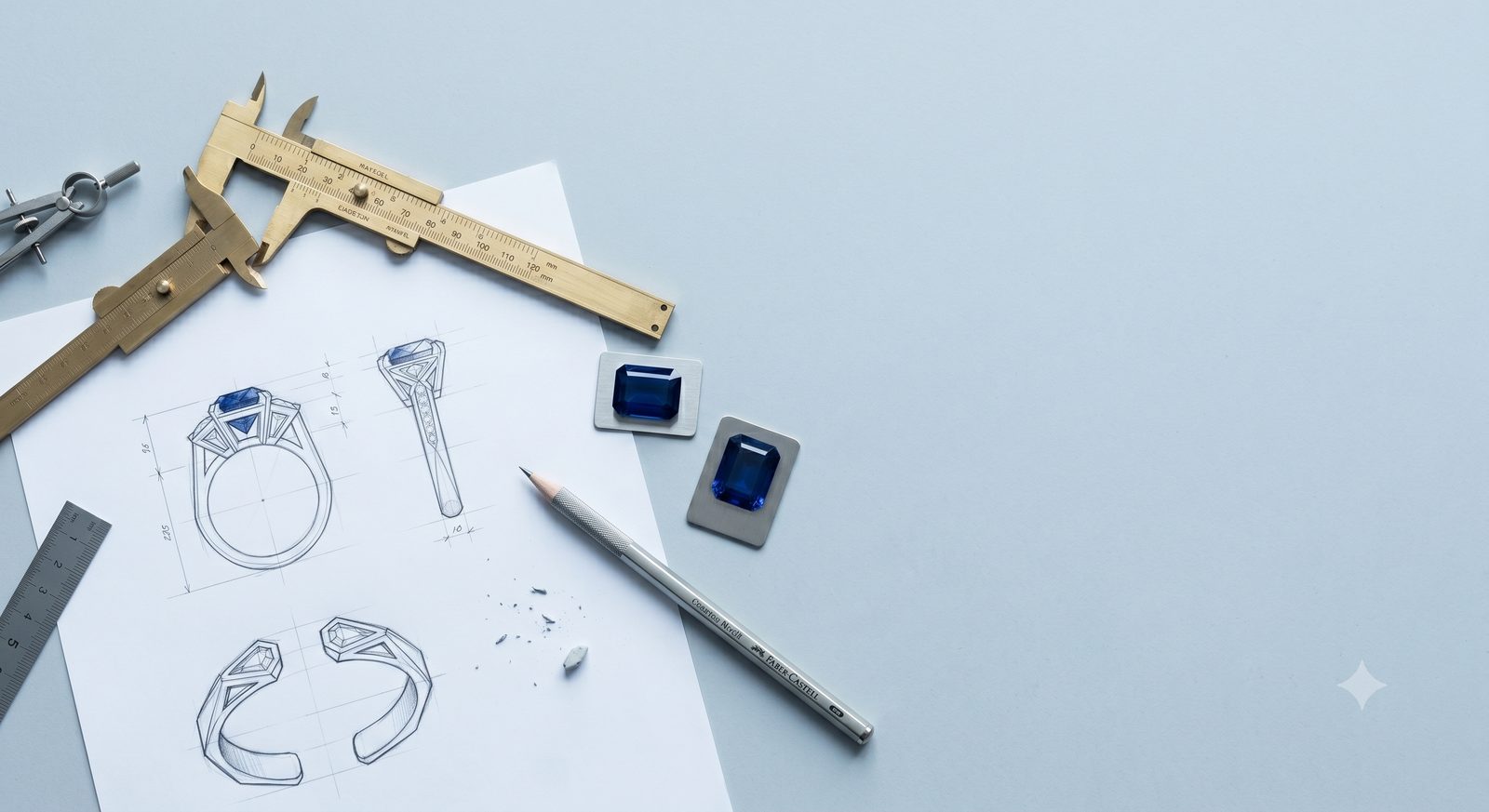 Design studio desk with sketches and calipers